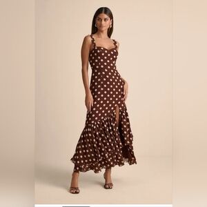 Lulu's Brown Polka Dot Ruffled Maxi Dress